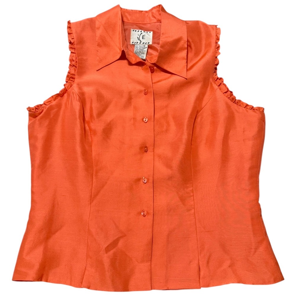 VTG 90s Vibrant Orange 100% Silk Sleeveless Button Up Top M Lightweight